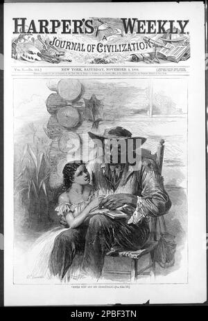 1866 , USA : ILLUSTRATION DE LA CABINE DE L'ONCLE TOM SUR LA COUVERTURE HEBDOMADAIRE DE HARPER A JOURNAL OF CIVILIZATION . Œuvres d'Alfred R. Waud (Alfred Rudolph , 1828-1891) et graveur W. S. L. Jewett (1834-1876) .l'abolitionniste et romancière américaine , écrivain , HARRIET BEECHER STOWE ( 1811 - 1896 ) auteur du livre le plus célèbre ONCLE TOM'S CABIN ( 1852 ) attaqua la cruauté de l'esclavage; Elle a atteint des millions de personnes comme roman et pièce de théâtre, et est devenue influente, même en Grande-Bretagne. Il a rendu les questions politiques de 1850s concernant l'esclavage tangibles pour des millions de personnes, stimulant les forces anti-esclavagistes dans le Nord américain. Banque D'Images