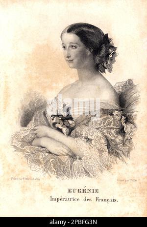 1856 , FRANCE. : L'impératrice française Eugénie ( Eugenia de Montijo de Guzman - 1826 - 1920 ) , épouse de l'empereur français Napoléon III ( 1808 - 1873 , fils de Louis BONAPARTE et Hortense de Beauharnais ) . Gravure d'ALMANACH DE GOTHA 1856 , d'une peinture de F. WINTERHALTER , Gravé par Pollet - REALI - royalties - nobili - Nobiltà - Napoleone III - imperatrice - ritratto - RISORGIMENTO - collo - cou - mignon - ouverture de cou - decollete' - scollatura - fleurs - fiore - fiori - pizzo - dentelle - Eugenia --- Archivio GBB Banque D'Images