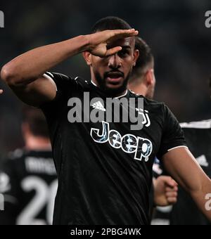 Turin, Italie. 12th mars 2023. Le Bremer du FC Juventus célèbre son but lors d'un match de football série A entre le FC Juventus et la Sampdoria à Turin, en Italie, sur 12 mars 2023. Credit: Federico Tardito/Xinhua/Alamy Live News Banque D'Images