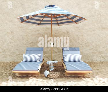 Chaises de plage sur le sable avec parasol blanc et bleu sur le mur en pierre beige et décor. 3d rendu. Illustration 3D de haute qualité Banque D'Images