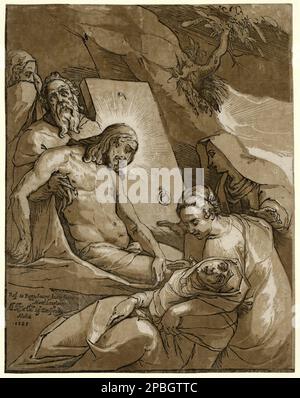 1585 , ITALIE : l'engagement . Print chiaroscuro coupe de bois montre Jésus Christ étant soutenu par Joseph d'Arimethia que Marie Magdalene donne confort à la Vierge Marie en deuil . D'un tableau de l'artiste italien Raffaellino da Reggio ( 1550 - 1578 ) , gravé par Andrea Andreani (1560 - 1623 ) - MADONNA - DEPOSIZIONE DALLA CROCE - TOMBA - Pierre tombeau - lapide - sepolcro - SEPOLTURA - PIETA' - GESU' CRISTO MORTO - IMMAGINE SACRA - POPOLARE - RELIGIONE - VERGINE MARIA - RELIGIONE CATTOLICA - RELIGION CATHOLIQUE - GIUSEPPE - ritratto - illustrazione - portrait - Igradi - portrait incone - portrait - portrait - IDIU ARIMATEA --- Banque D'Images