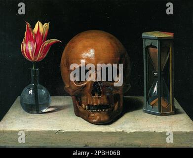 Still-Life with a Skull, peinture à l'huile de vanitas vers 1671 par Philippe de Champaigne, peintre de l'époque baroque française (1602–1674) Banque D'Images