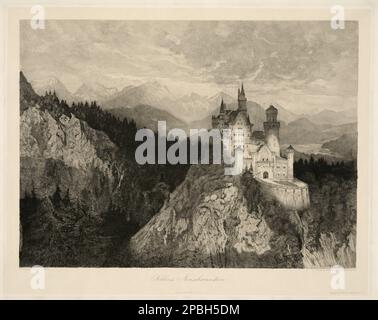 1864 CA , Bavière , Allemagne :le château de SCHLOSS NEUSCHWANSTEIN , par le roi von Bayer LUDWIG II ( Louis ) de Wittelsbach , roi de Bavière , connu sous le nom de ' Mad Roi Ludwig ' ( 25 août 1845 – 13 juin 1886 ). Gravure , 1901 , d'une peinture originale de l'artiste allemand W. Leo ARNDT , gravée par Meisenbach Riffarth and Co, Berlin. Roi de Bavière de 1864 jusqu'à sa mort. Ludwig monte sur le trône bavarois à l'âge de 18 ans, après la mort de son père. Sa jeunesse et ses belles looks l'ont rendu très populaire en Bavière et à l'étranger. L'un de ses premiers actes fut le patronage officiel de son idole Banque D'Images