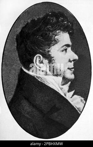 1803 : l'écrivain et poète français STENDHAL (nom de naissance Henri Beyle ; Grenoble, 1783 – Paris 1842 ) , 20 ans , gravure du Jardins . Connu pour son analyse aiguë de la psychologie de ses personnages, il est considéré comme l'un des premiers et des plus éminents praticiens du réalisme dans ses deux romans le Rouge et le Noir ( le Rouge et le Noir, 1830 ) et la Chartreuse de Parme ( la Chartreuse de Parme, 1839 ).- POETA - POÉSIE - POÉSIE - COMMEDIOGRAFO - DRAMATIST - TEATRO - THÉÂTRE - SCRITTORE - LETTERATO - LETTERATURA - LITTÉRATURE - favoriti - profil - profilo - collier - coletto - portrait - ritr Banque D'Images