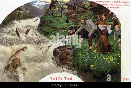 La SAGA WILHELM TELL du poème Schiller du peintre E. Stuckelberg à Tellskapelle am Vierwaldstatter-See , Zurich , Suisse . Reproduction d'une carte postale de 1890 ca. William Tell (allemand: Wilhelm Tell; français: Guillaume Tell; italien: Guglielmo Tell) est un héros légendaire de l'authenticité historique contestée qui aurait vécu dans le canton alpin d'Uri en Suisse au début du siècle 14th. Une autre documentation sur les exploits de Tell est le chant de la fondation de la Confédération (allemand : Lied von der Entstehung der Eidgenossenschaft). Cette première chanson « Tell » survivante (allemand : Banque D'Images