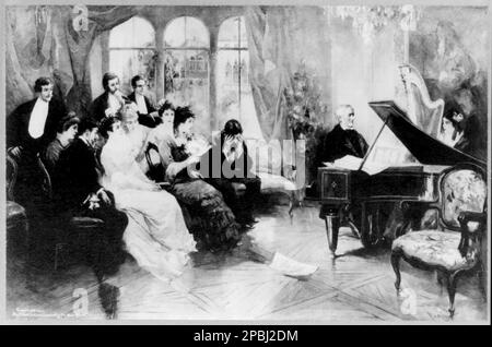 1915 ca : le compositeur de musique allemand RICHARD WAGNER ( 1813- 1883 ) , assis au piano, face à droite; jouant PARSIFAL pour 9 hommes et femmes . Reproduction de la peinture par V. de Paredes - MUSIQUE - CLASSIQUE - MUSICA CLASSICA - LIRICA - OPERA - compositore - musicista - portrait - ritratto - COMPOSITORE - OPERA LIRICA - MUSICISTA - piano - pianoforte - concerto - - - -- --- ARCHIVIO GBB Banque D'Images