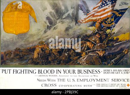 1917 CA , Etats-Unis : Croix-Rouge américaine - 'mettez du sang de combat dans vos affaires Voici son record! A-t-il un emploi ? » Arthur Woods, adjoint du secrétaire de la guerre . ÉTATS-UNIS Affiche de la Croix-Rouge américaine du Service de l'emploi montrant les États-Unis Marines engagé dans la bataille en France ; montre également un badge énumérant les batailles dans lesquelles les Marines ont combattu. L'affiche fait la promotion des anciens combattants pour l'emploi. Affiche de l'artiste peintre Dan Smith ( 1865 - 1934 ) - CROCE ROSSA - ferito - béni - GUERRE MONDIALE I - WWI - PRIMA GUERRA MONDIALE - Grande Guerra - Grande Guerre - Foto storiche storica - locadina - affiche - gravure - Banque D'Images