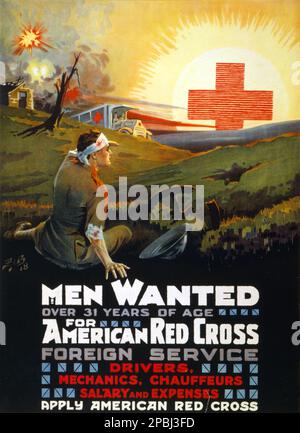1918 , Etats-Unis : Croix-Rouge américaine - les hommes voulaient plus de 31 ans pour le service extérieur de la Croix-Rouge américaine . Affiche montrant un soldat blessé à l'horizon, Là où une ambulance de la Croix-Rouge s'approche et l'emblème de la Croix-Rouge s'élève comme le soleil - CROCE ROSSA - ferito - béni - GUERRE MONDIALE I - WWI - PRIMA GUERRA MONDIALE - Grande Guerra - Grande Guerre - Foto storiche storica - locadina - affiche - gravure - incisione - Illustration - illustrazione - PHOTOS D'HISTOIRE - manifeste - AFFICHE - bataille - battaglia - ambulance - ambulanza --- Archivio GBB Banque D'Images