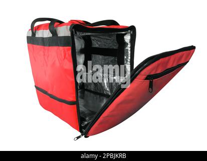 Refroidisseur de sac rouge pour le transport et le stockage de produits isolés sur fond blanc avec passe-cheveux Banque D'Images