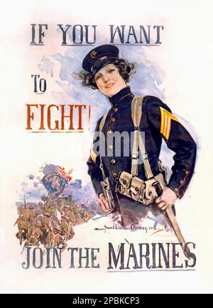 1915 , USA : l'affiche de propagande américaine ' Je VEUX QUE VOUS COMBATTIEZ . REJOIGNEZ LES MARINES PAR L'ARTISTE HOWARD CHANDLER CHRISTY ( 1873 - 1952 ) . Affiche montrant le portrait en demi-longueur d'une femme en uniforme militaire, Et une scène de guerre de tranchées avec des troupes portant le drapeau américain et le drapeau des Marines .- GUERRE MONDIALE I - WW - GRANDE GUERRA - GRANDE GUERRE - PRIMA GUERRA MONDIALE - foto storiche storica - locadina - affiche - enlisting - ESERCITO - gravure - illustration - Illustrazione - PHOTOS D'HISTOIRE - manifeste - AFFICHE - campagna di RECLUTAMENTO TRUPPE - arruolamento - chapeau - cappello - CA Banque D'Images