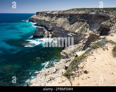 Island Rock et falaises de calcaire au-dessus de l'océan Indien, Bigurda Trail, parc national de Kalbarri, Australie occidentale Banque D'Images