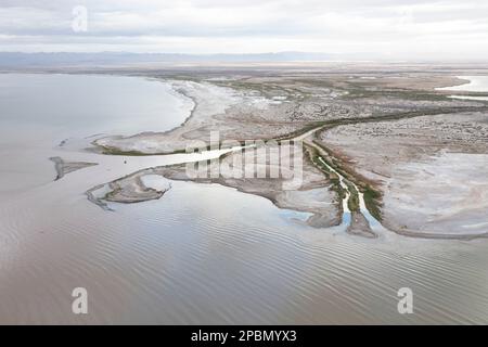 La mer de Salton est l'un des problèmes environnementaux les plus épineux de l'Occident américain. Le lac se rétrécit en raison de la sécheresse persistante, des transferts d'eau vers les villes voisines et de la diminution des entrées de ruissellement agricole alimentées par le fleuve Colorado. Dans cette vue aérienne de la rive sud, la rivière Alamo, qui a été appelée la rivière la plus polluée des États-Unis, s'écoule dans le lac depuis le Mexique, transportant avec elle des eaux d'égout non traitées et des eaux de ruissellement chargées de pesticides provenant des fermes de la vallée impériale. Banque D'Images