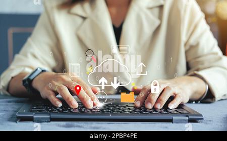 icône de cloud virtuel concept d'accès aux big data, connexion réseau globale, recherche de données, utilisation des ressources informatiques pour effectuer des transactions avec internet Banque D'Images