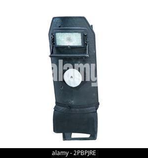 Démonstration de protections de police avec trous de balle, isolées sur fond blanc. Verre et armure à l'épreuve des balles et endommagés par les balles Banque D'Images