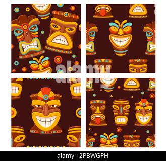 Ensemble de motifs sans couture avec masque de tiki hawaïen. Collection de nuances avec totems polynésiens ou africains. Texture pour fond d'écran, arrière-plan de page Web, Banque D'Images