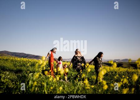 Maman, filles, tante et oncle marchant dans Flower Field à San Diego Banque D'Images