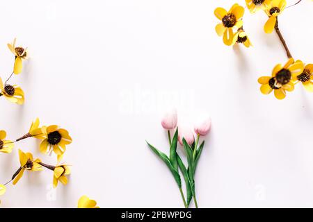 Fleurs de printemps et tulipes roses, à plat, sur une surface blanche Banque D'Images
