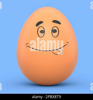 Ferme oeuf peint brun avec des expressions et visage drôle isolé sur fond bleu. 3D rendu des oeufs de Pâques modèle de conception pour l'accueil et invité Banque D'Images