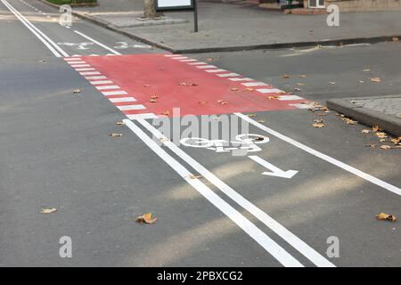 Piste cyclable à deux voies avec panneaux blancs traversant la route Banque D'Images