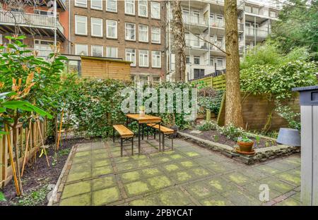 Extérieur de maison résidentielle avec table en bois et bancs situés près de grands arbres et plantes vertes et buissons contre bâtiment en journée Banque D'Images