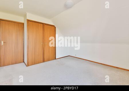 Décoration intérieure de chambre spacieuse avec portes en bois et murs blancs avec moquette grise et plafonnier avec armoire intégrée Banque D'Images