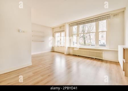 Décoration intérieure de la maison de style contemporain avec portes arrière coulissantes en verre près du radiateur avec cheminée vide et étagère sur le mur avec murs blancs et Banque D'Images