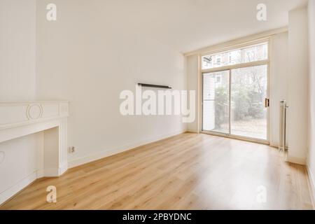 Décoration intérieure de la maison de style contemporain avec portes arrière coulissantes en verre près du radiateur avec cheminée vide et étagère sur le mur avec murs blancs et Banque D'Images