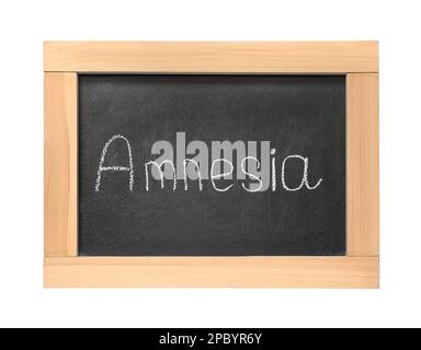 Tableau noir avec le mot Amnesia isolé sur blanc, vue de dessus Banque D'Images