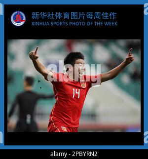 Beijing, Ouzbékistan. 6th mars 2023. PHOTO SPORTIVE DE LA SEMAINE DE XINHUA (de 6 mars au 12, 2023) TRANSMISE sur 13 mars 2023. Xu Bin de Chine célèbre les résultats du match du Groupe D entre la Chine et l'Arabie Saoudite de la coupe d'Asie AFC U20 à Tachkent, Ouzbékistan, 6 mars 2023. Credit: Che Zhouyong/Xinhua/Alay Live News Banque D'Images