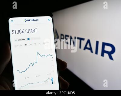 Personne tenant un smartphone avec la page Web de la société de traitement de l'eau Pentair plc sur l'écran devant le logo. Concentrez-vous sur le centre de l'écran du téléphone. Banque D'Images