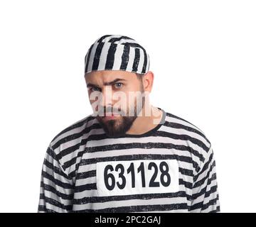 Prisonnier en uniforme spécial sur fond blanc Banque D'Images