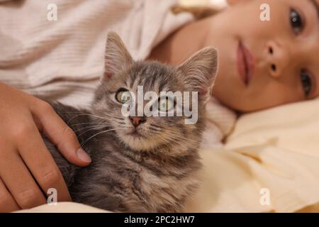 Mignon petit enfant avec chaton dans le lit, se concentrer sur l'animal de compagnie Banque D'Images