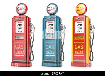 Station de pompe à carburant à gaz rétro isolée sur blanc. 3d illustration Banque D'Images