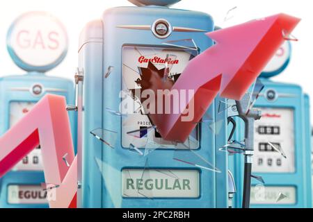 Concept de croissance explosive des prix du gaz et du carburant. Station de gicleur de pompe à essence et flèche. 3d illustration Banque D'Images