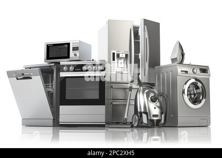 Appareils électroménagers. Cuisine technique isolée sur fond blanc. Réfrigérateur, lave-vaisselle, cuisinière à gaz, four à micro-ondes, lave-linge, aspirateur Banque D'Images