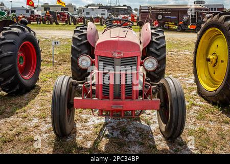 Fort Meade, Floride - 26 février 2022 : vue avant en perspective d'un tracteur Massey Ferguson to-35 1955 lors d'un salon de tracteurs local. Banque D'Images