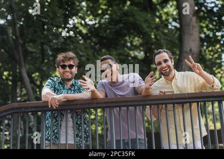 Amis interraciaux positifs dans des lunettes de soleil gestant près de la balustrade dans le parc d'été, image de stock Banque D'Images