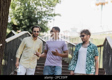 Amis multiethniques dans des lunettes de soleil parlant en marchant sur les escaliers dans le parc, image de stock Banque D'Images