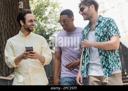 Amis multiethniques positifs utilisant un smartphone tout en marchant sur les escaliers dans le parc en été, image de stock Banque D'Images