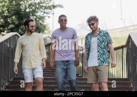 Souriant amis multiethniques dans des lunettes de soleil marchant sur les escaliers dans le parc, image de stock Banque D'Images