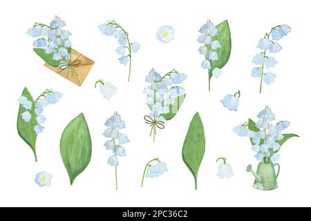 Branche de fleur de Lily-of-the-Valley, aquarelle symbole d'illustration du printemps et du bonheur dessin à la main de plantes blanches pour cartes de voeux, invitation Banque D'Images