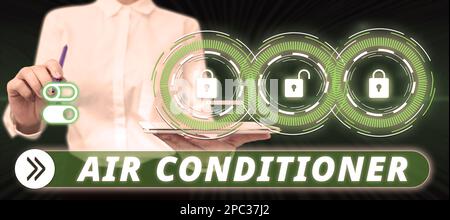 Panneau indiquant climatiseur. Concept d'entreprise appareil pour laver l'air et contrôler son humidité et sa température Banque D'Images