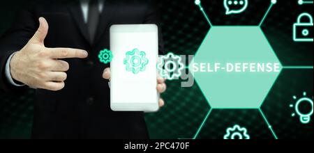 Affiche affichant Self Defense. Idée d'affaires l'acte de défendre sa personne lorsqu'elle est attaquée physiquement Banque D'Images