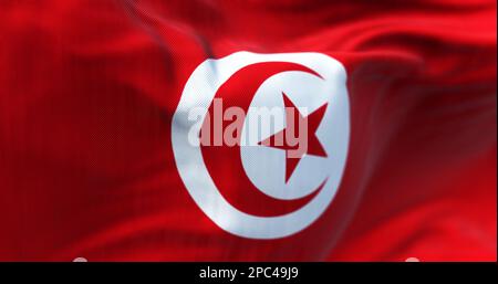 Détail du drapeau national tunisien. Rouge avec un cercle blanc au centre, une étoile rouge et un croissant dans le cercle. Région du Maghreb. Tissu texturé dans le dos Banque D'Images