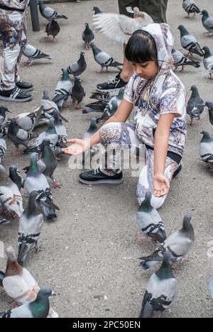 Jeune garçon dans un parc de Barcelone, essayant d'encourager les pigeons urbains à atterrir sur ses mains, Banque D'Images