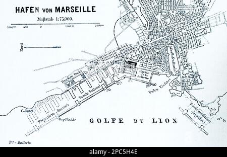 Plan de la ville de Marseille et ses environs, port de Marseille sur la mer Méditerranée, France, Europe du Sud, illustration 1896 Banque D'Images