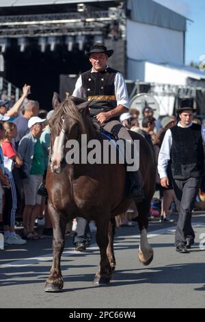 Quimper, France - 24 juillet 2022 : cavalier en robe traditionnelle bretonne à cheval sur un caractère breton pendant le festival de la Cornouaille. Banque D'Images