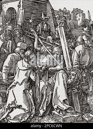 Christ portant la Croix, après l'oeuvre d'Albrecht Dürer, 1471 – 1528, parfois orthographié en anglais comme Durer. Peintre allemand, graveur et théoricien de la Renaissance allemande. De Albrecht Dürer, Sein Leben und eine Auswahl seiner Werke ou sa vie et une sélection de ses œuvres, publié en 1928. Banque D'Images