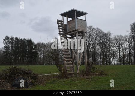 Forester se trouve au bord de la forêt, Förster Hoch sitz Banque D'Images