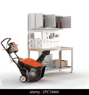 Tablette métallique 3D rend isolé blanc fond divers outils matériel magasin fournitures bricolage Banque D'Images